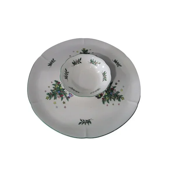 Chip and Dip Tray Happy Holidays Christmas Vintage Tree Pattern Nikko Japan - Picture 1 of 13